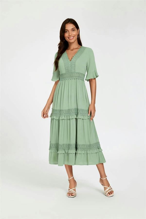FS Collection V Neck Lace Detail Midi Dress In Green