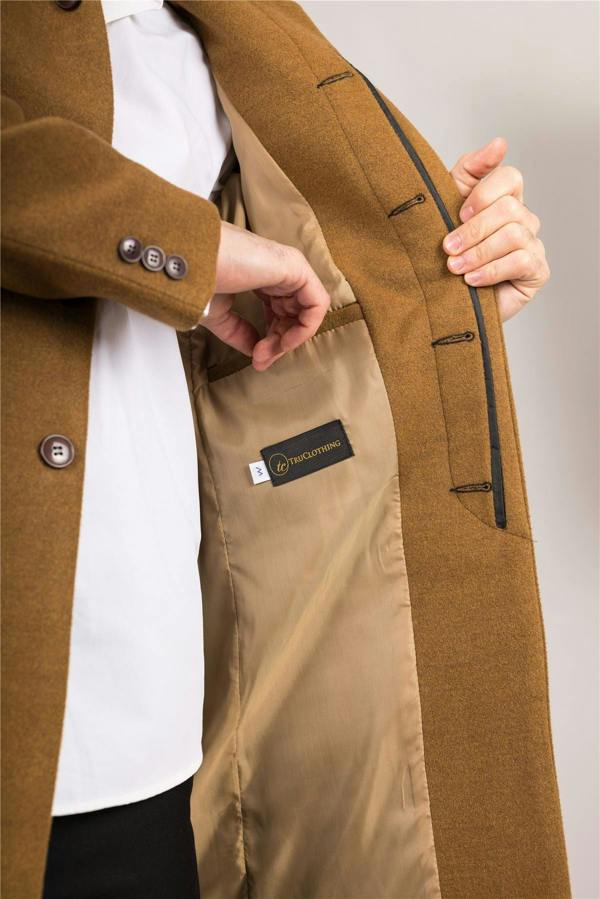 Infinity Leather Men's Tan Stand Collar Wool Blend Overcoat