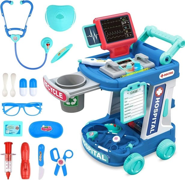 deAO Toys Multi-purpose Doctors Trolley Set for Kids Medical Centr Playsets Medical Tools Role Play Toy Educational Doctor Playset