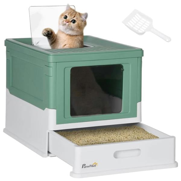 Green hooded cat litter box with front entry and open tray, includes scoop