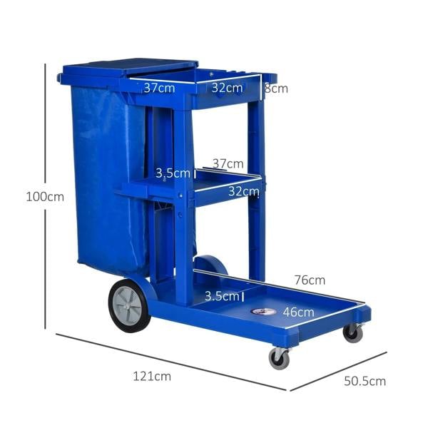 Blue janitor cleaning trolley with bin, shelving unit, and base platform on casters