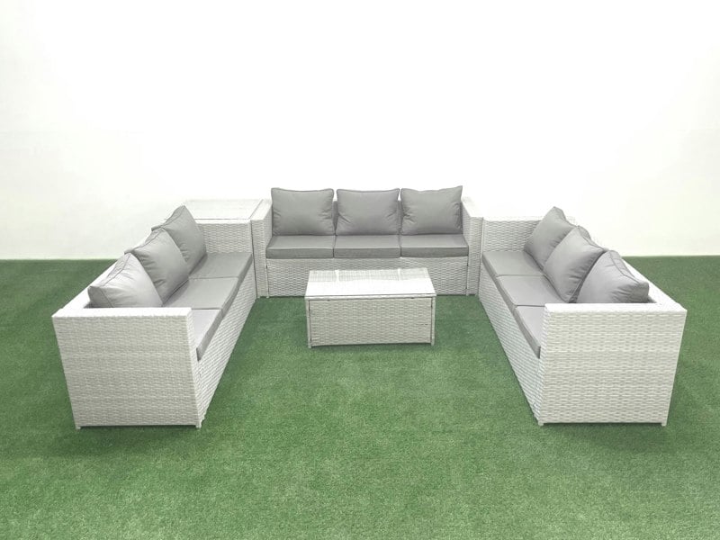 Fimous Rattan Garden Outdoor Furniture Set 9 Seater Garden Sofa Coffee Table Set with Side Table Light Grey Mixed