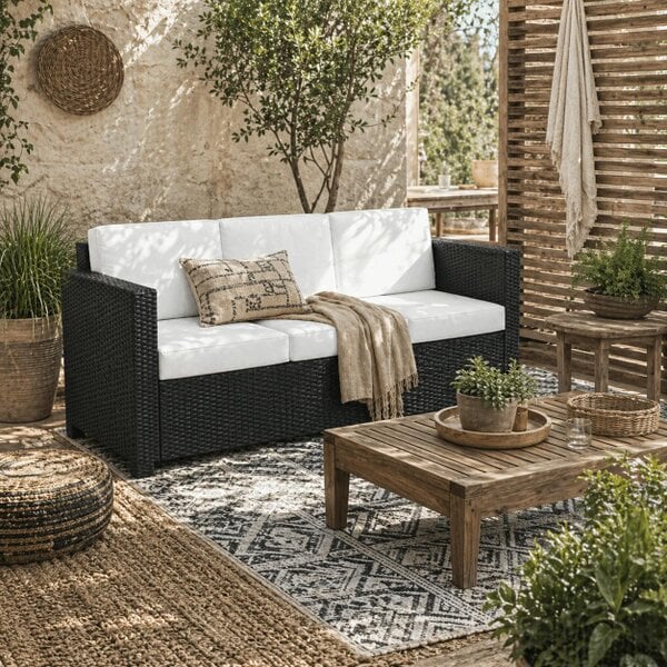 Wyld Haus Sudori Black Rattan 3 Seater Outdoor Sofa With White Cushions