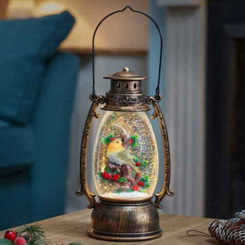Samuel Alexander 33cm Battery Operated Festive Robin Snow Swirling Christmas Lantern