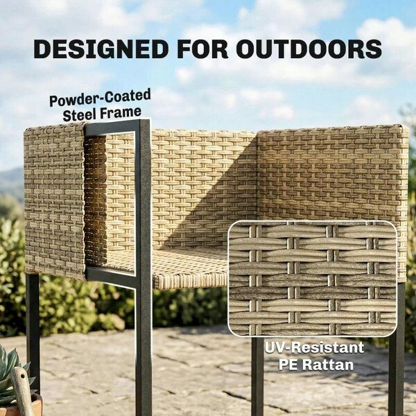 7 Piece Rattan Garden Furniture Set, Garden Dining Set with Wood-Plastic Table and 6 Stackable Chairs, Light Brown