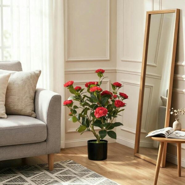 65cm Artificial Camellia Flower Plant in Pot with 116 Lush Leaves & Moss Effect, Red