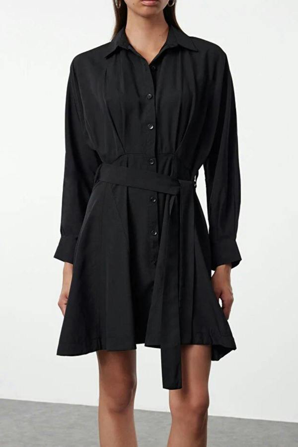 WOVCOR Mini Woven Shirt Dress with Belt Detail