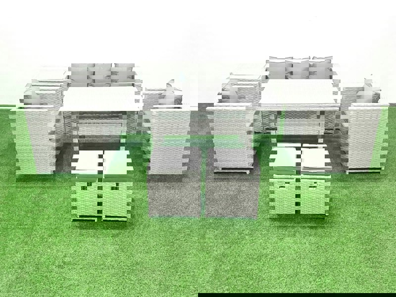 Fimous Garden Dining Set Outdoor Rattan Furniture Set with Sofa Dining Table 2 Chairs 2 Small Footstools Side Table Light Grey Mixed