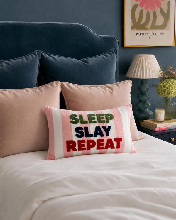 Motivational Needlepoint Pillow – Sleep Slay Repeat
