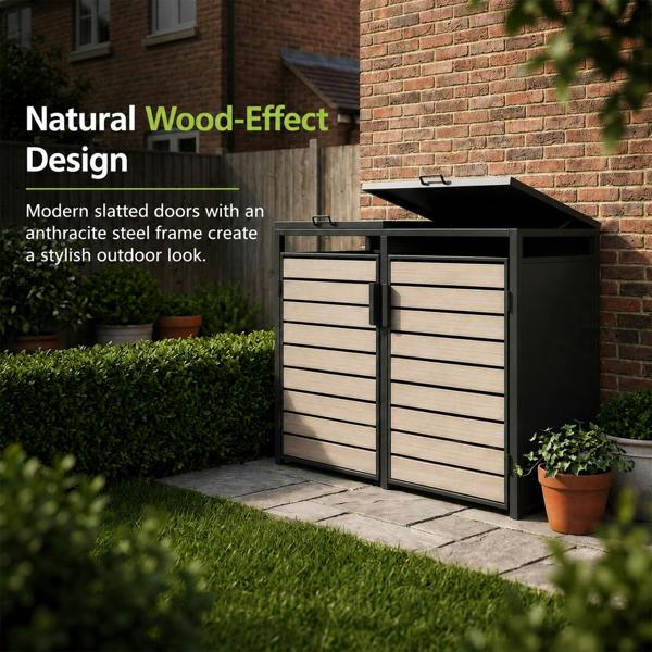 Nicoman Outdoor Metal Garbage Bin Shed with Wood Effect Doors