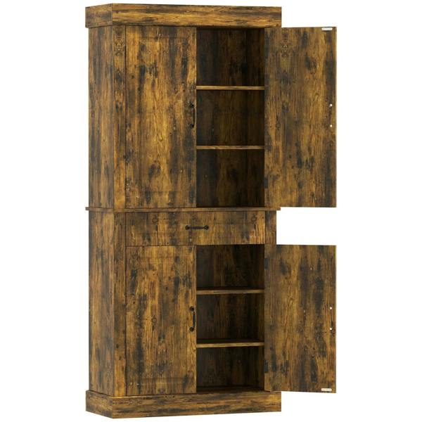 Tall brown kitchen pantry cabinet with drawer and shelves, front view, metal knobs