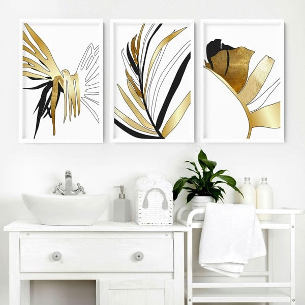 Bathroom wall art uk | set of 3 Tropical Gold wall art