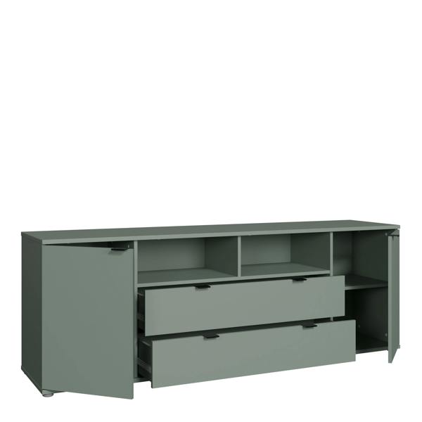 Furniture To Go Ganymede Wide TV Unit with Open Shelving, 2 Drawers & 2 Doors in Sage Green