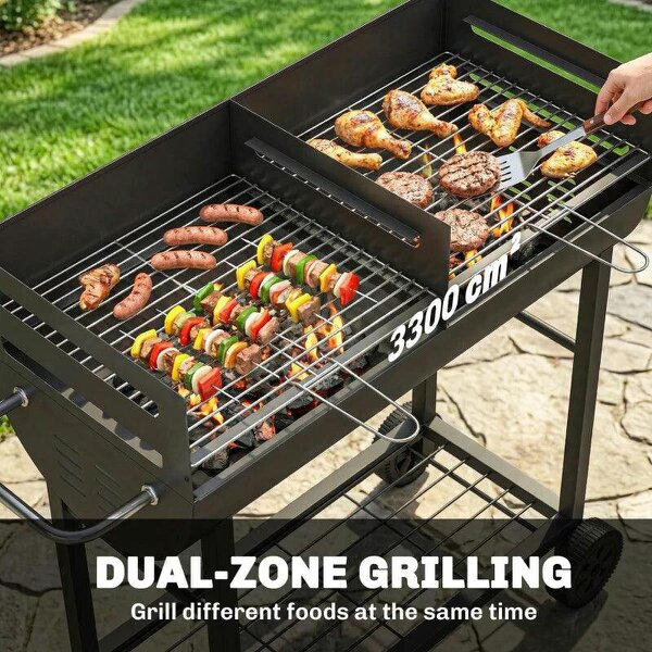 Bobobiy Charcoal Barbecue Grill with 2 Cooking Areas, Portable BBQ Trolley with Wheels, Height Adjustable Grates, Bottom Shelf