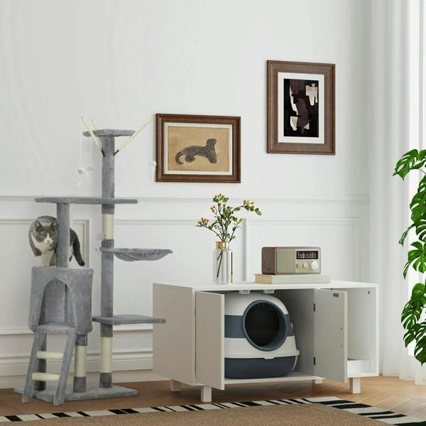 Covered cat litter tray inside a cabinet-style pet storage unit, gray and white