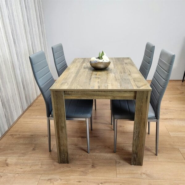 Kosy Koala Dining Table and 4 Chairs Rustic Effect Wood Table 4 Grey Leather Chairs Dining Room