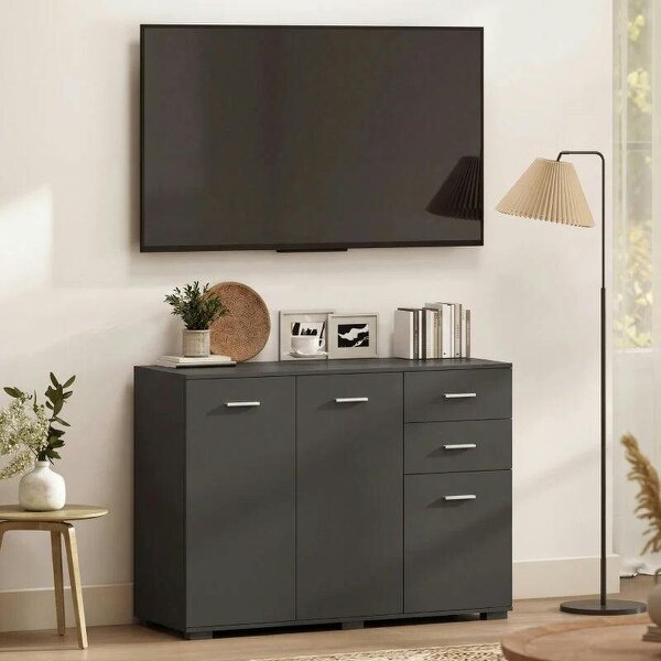 Sideboard, Modern Storage Cabinet with 2 Drawers, 3 Doors and Adjustable Shelves, Black
