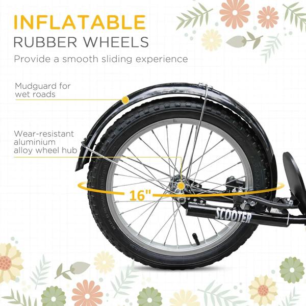 Orange kids kick scooter with 16-inch inflatable rubber wheels and black mudguard