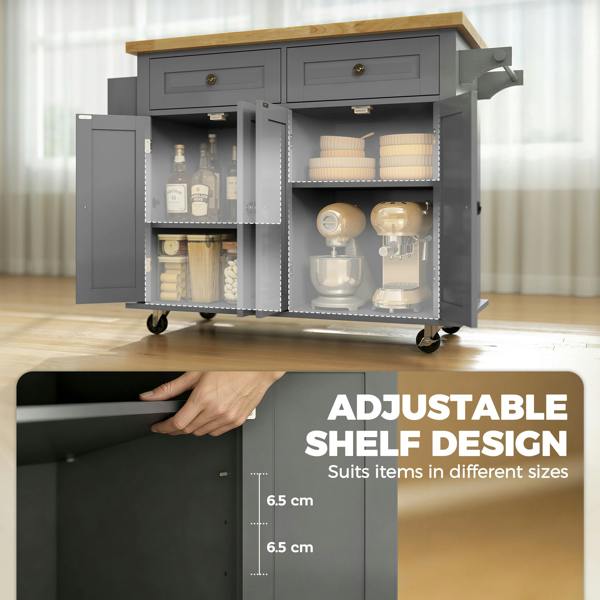 HOMCOM Rolling Kitchen Island Cart with Rubber Wood Top, Spice Rack, Grey