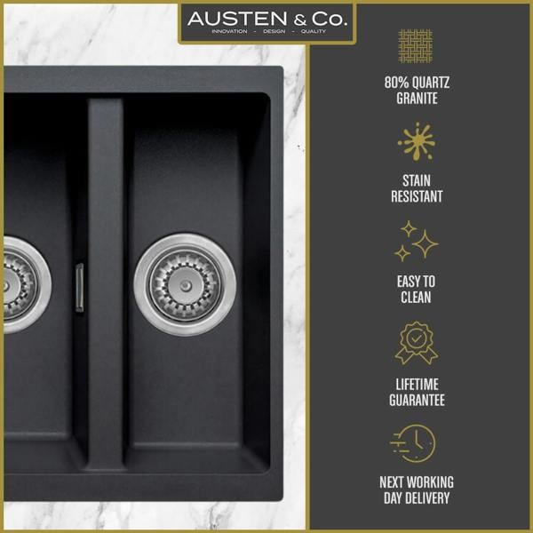 Austen & Co. Florence Inset & Undermount 1.5 Bowl Reversible Granite Kitchen Sink With Strainer & Over Flow Kit - Black
