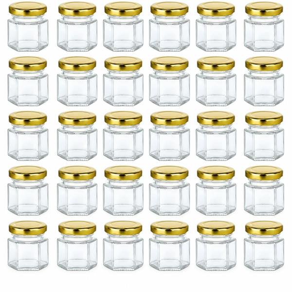 ATEK 30 Pack 45ml Mini Hexagonal Glass Jars with Gold Screw Lids for Jam Honey Spices