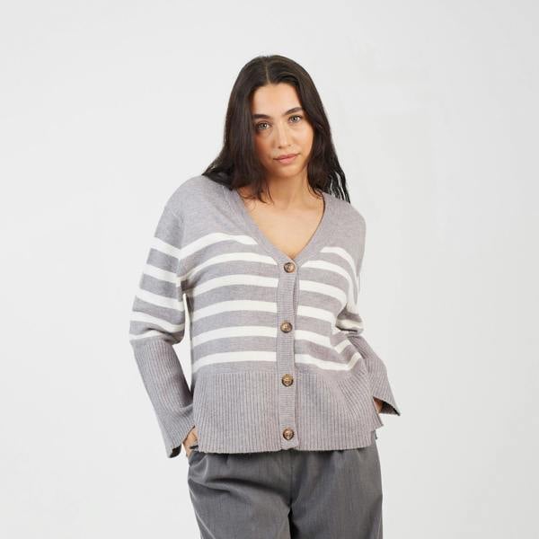 Brave Soul Grey Button Through V-neck Stripe Cardigan - Grey Image 1
