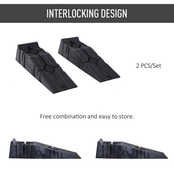 2-piece set of black plastic car ramps with interlocking tread design for stability