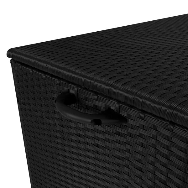 Black rattan cushion storage box with a textured woven design, featuring a sturdy handle for easy lifting and access