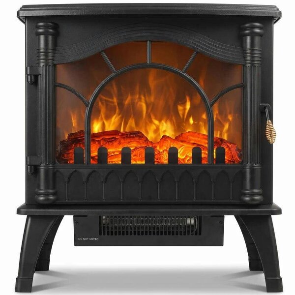 3-Sided Glass Electric Fire Fan Heater, Electric Fireplace Stove Freestanding Log Burner with Flame Effect, Black