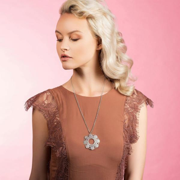 Long Mandala Pendant Necklace with Brushed Finish - namana.london
