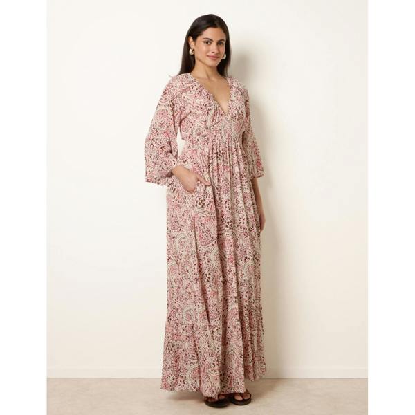 Blue Vanilla Printed Shirred Waist V Neck Maxi Dress
