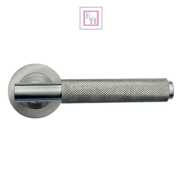 EDH Door Hardware Satin Nickel Knurled Door Handles on Round Rose – Modern Internal Lever Handle