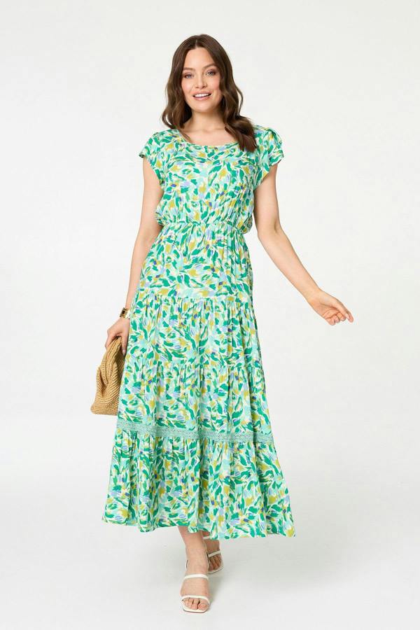 Green | Printed Cap Sleeve Lace Tier Maxi Dress