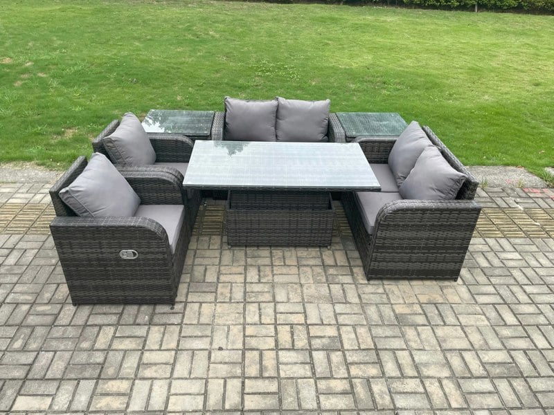 Fimous Outdoor Rattan Garden Furniture Set Patio Height Adjustable Rising lifting Dining Table Love Sofa With 2 Side Tables