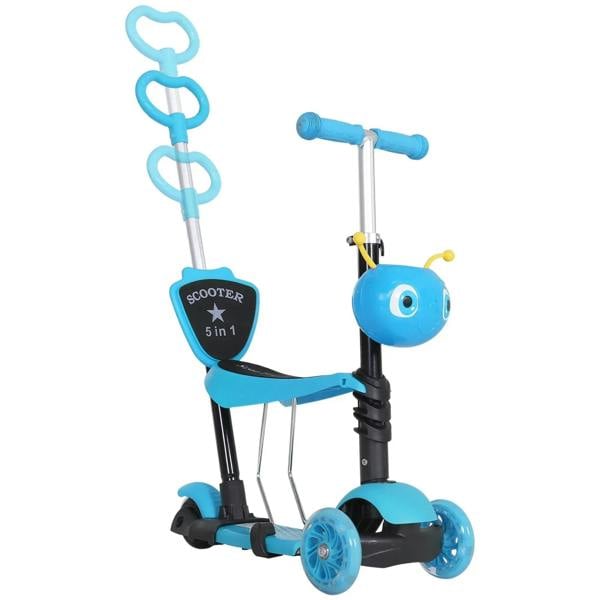 Blue 3-in-1 kids scooter with removable seat, back handle, and four wheels