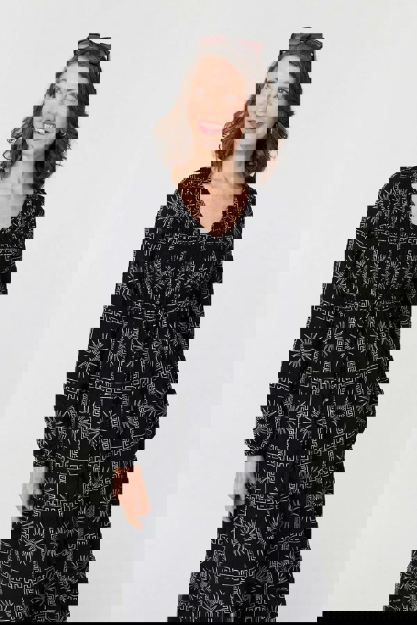 Black | Printed Long Sleeve Tie Waist Midi Dress
