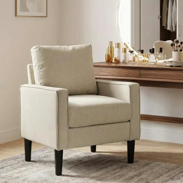 Accent Chair, Removable Pillow Linen Armchair with Comfy Spring Cushion for Living Room, Bedroom, Study, Cream - Cream