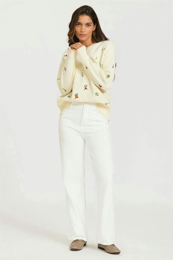 FS Collection Embroidered Floral Knit Jumper Top In Cream