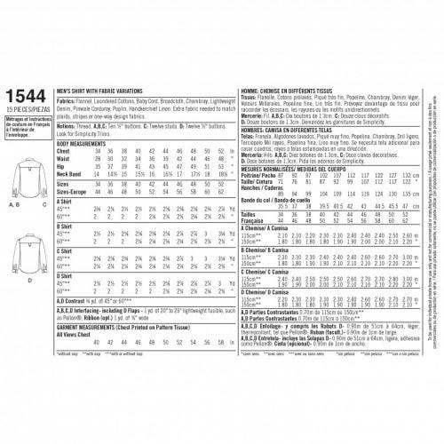 Simplicity Sewing Pattern 1544, Shirts for Men, 34-36-38-40-42 - Intermediate