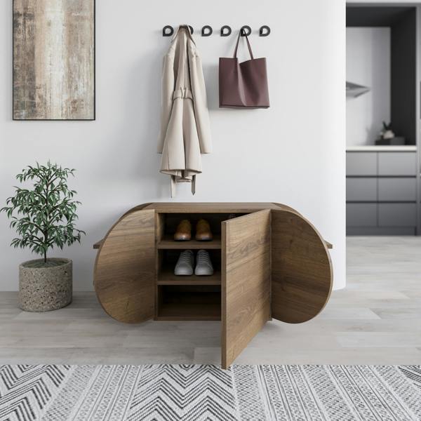Decortie Modern Pozy Shoe Bench Storage 110(W)cm Oval Shape 3-Door Minimal Organiser for Office, Hallway