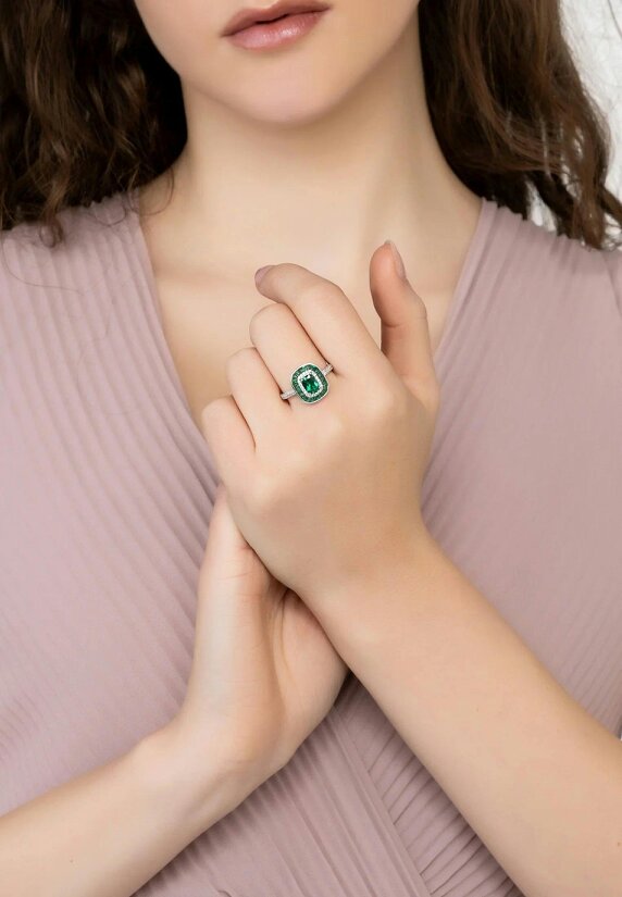 Latelita Great Gatsby Cocktail Ring Emerald Silver