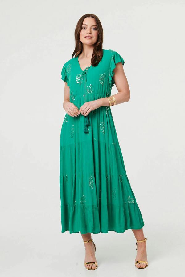 Green | Sequin Detail Cap Sleeve Maxi Dress