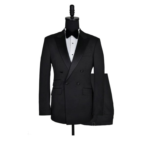 David WeJ Alfredo Dress Double Breasted Satin Peak Lapel Tuxedo - Black
