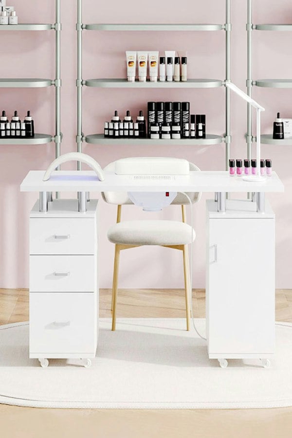Living and Home Professional Manicure Fashion Table Nail Desk with Electric Dust Collector, Rolling Wheels, Wrist Cushion & 3 Drawers