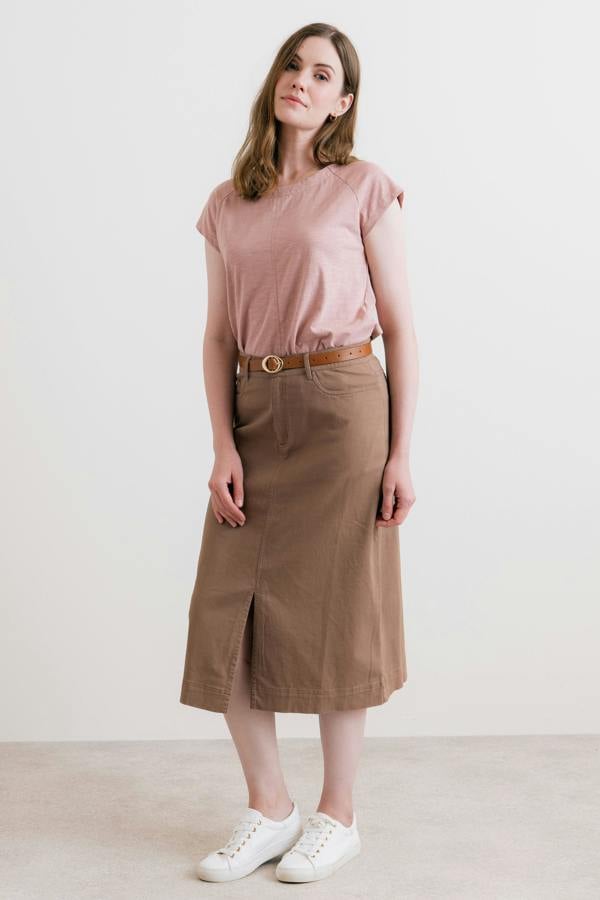 Lily & Me Morwenna Stretch Twill Midi Skirt Mocha
