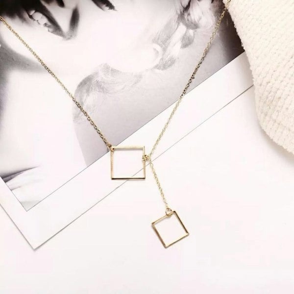 The Colourful Aura Two Square Drop Lariat Y Shape Interlock Rectangle Bar Lariat Drop Necklace