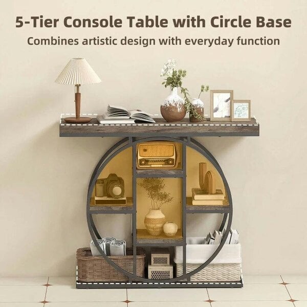 Industrial Console Table with Storage Shelves - Rustic Brown