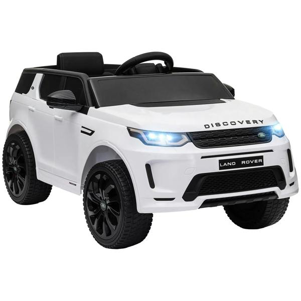 White kids ride-on Land Rover Discovery Sport car, front view with LED headlights and grille