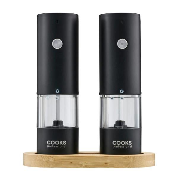 Cooks Professional Rechargeable Salt and Pepper Mill Set with Bamboo Base | Black