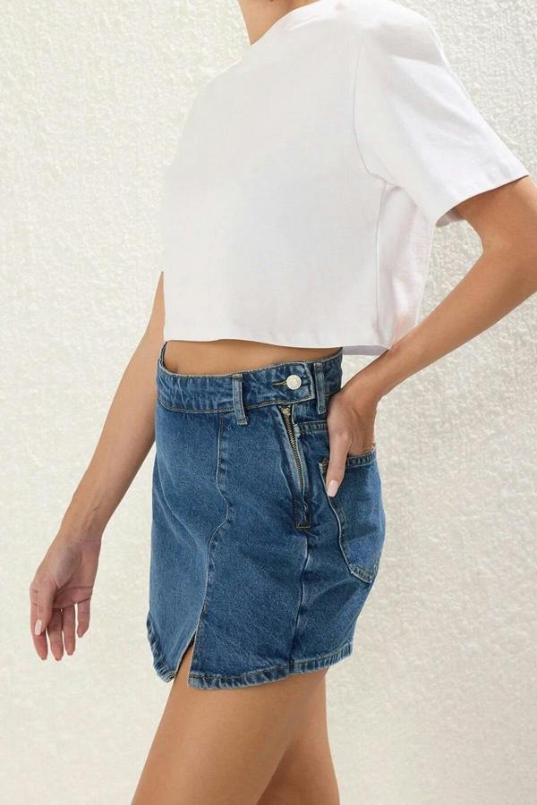 WOVCOR Denim Short Skirt with Slit